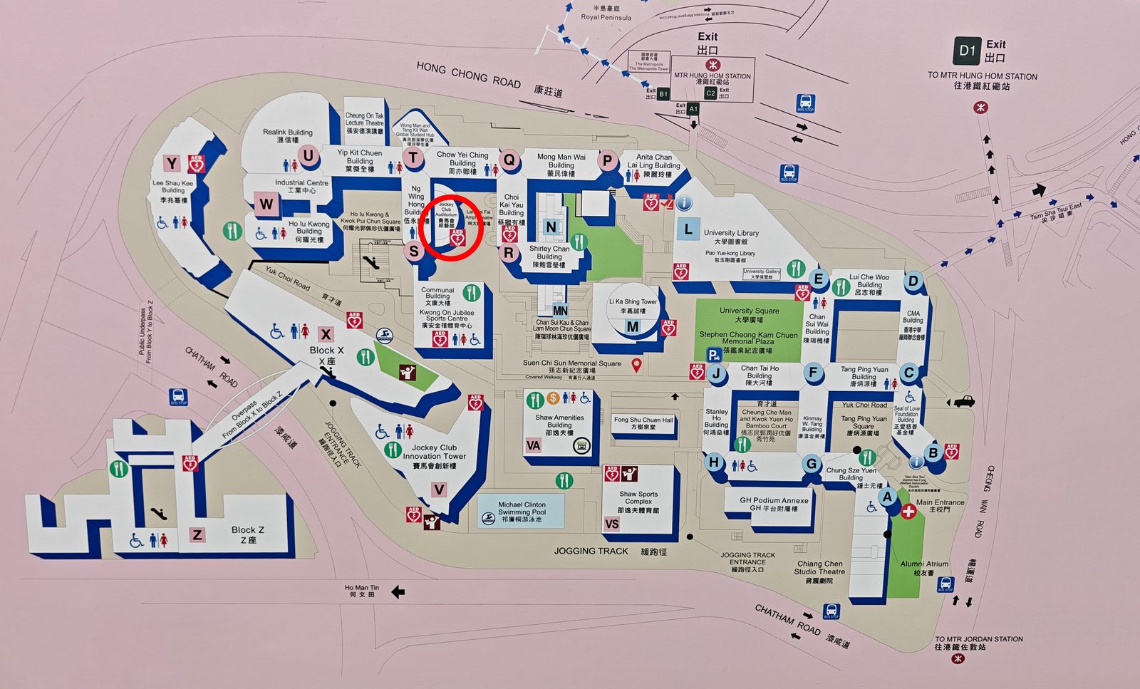 香港理工大学校园平面图，红圈处为赛马会综艺馆